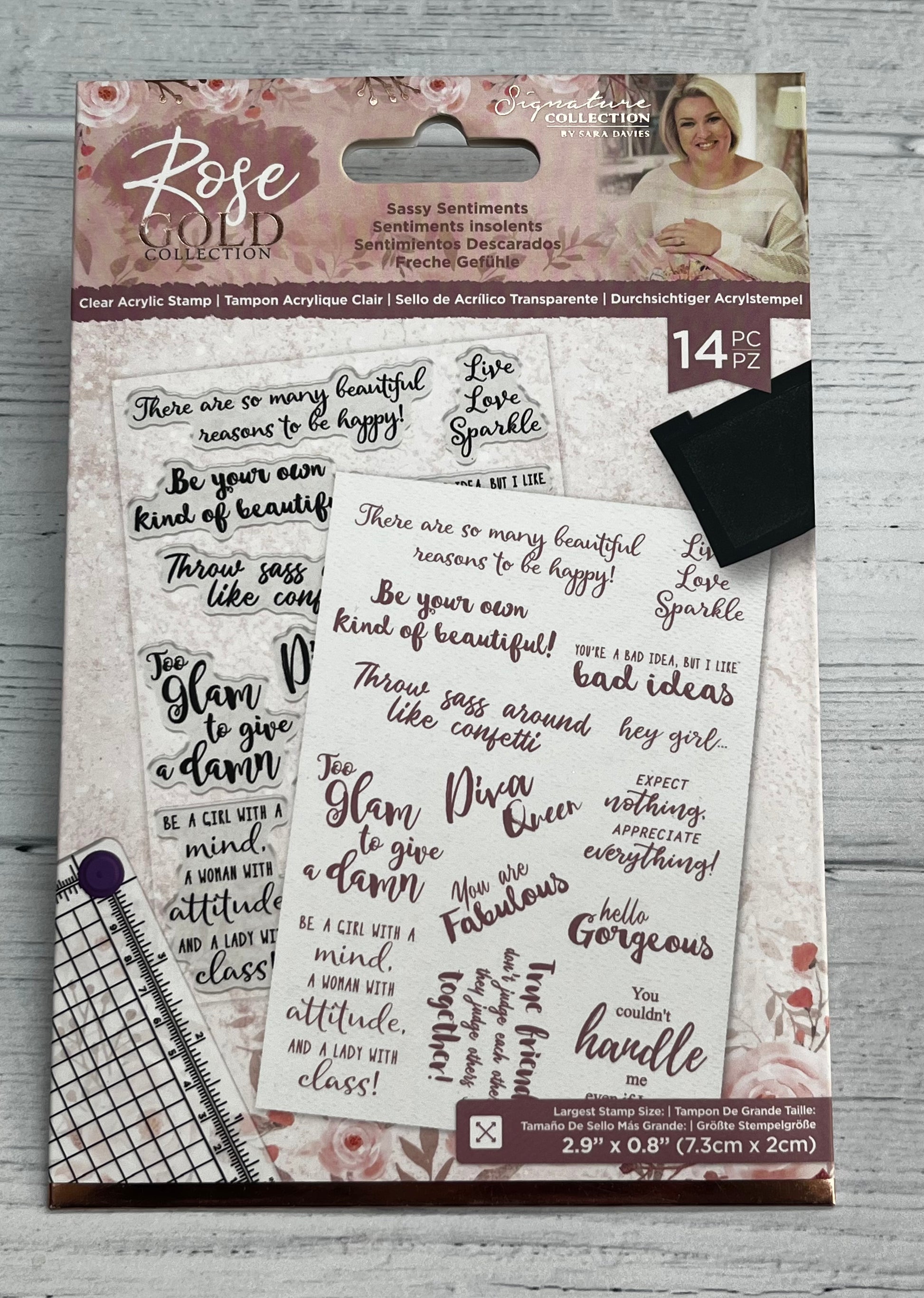 Sara Davies Rose Gold Collection Sassy Sentiment Stamps x14 - Inspire Creationz