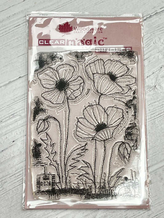 Woodware Clear Magic Singles Stitched Poppies Clear Stamp available from Inspire Creationz